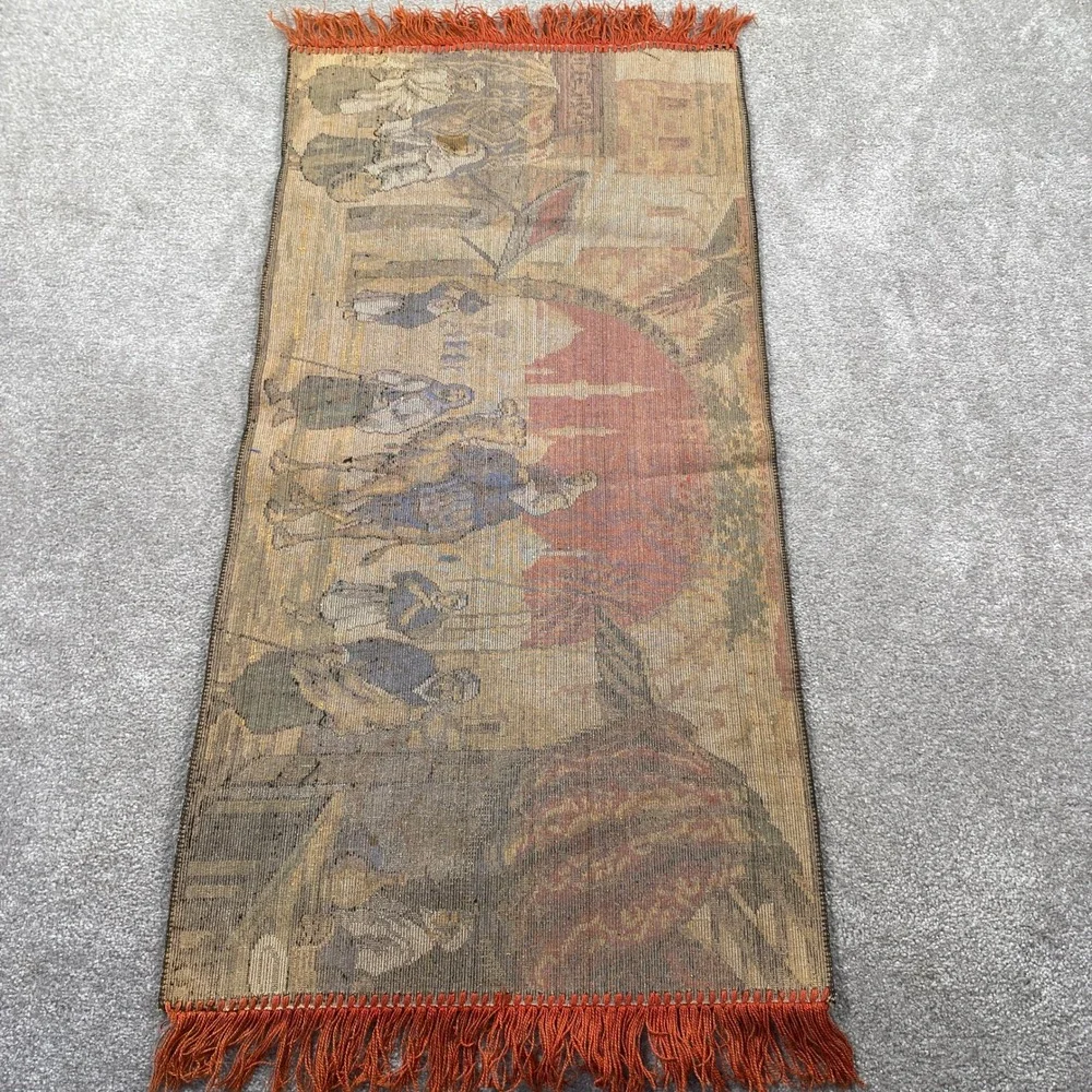 Vintage Tapestry‎ Prayer Rug Scene Figures Fringe Orange Textile Art